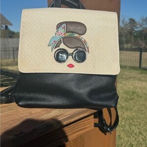 Chic Two-Tone Black and Cream Women's Backpack with Sunglasses Applique